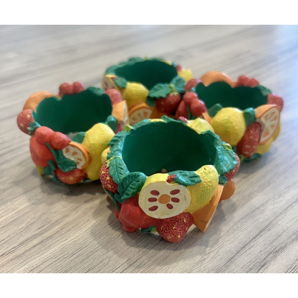 Vintage Mixed Fruit Set Of 4 Napkin Ring Holders Cherries‎ Strawberries Resin